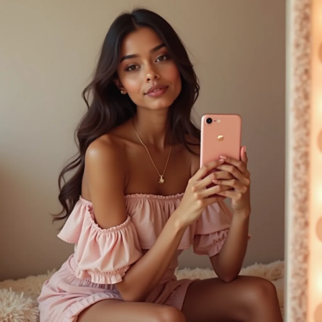 Young woman, 18-25 years old, light-medium brown skin tone, sitting in front of a mirror taking a selfie.  She is wearing a light pink, off-the-shoulder mini dress with ruffled details at the shoulders and top.  The dress is form-fitting, highlighting her ...