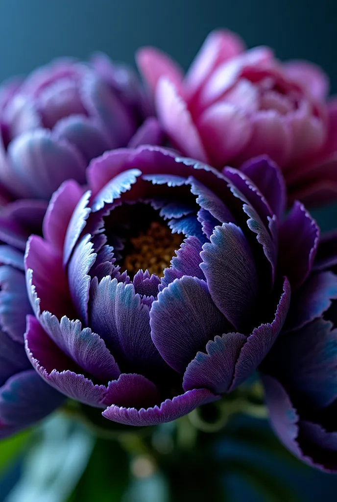 A close-up of a bouquet of peonies with petals resembling the colors of outer space. The petals display deep shades of indigo, violet, and midnight blue, with swirling patterns of nebula-like pinks, purples, and shimmering gold on dark violet and black pet...