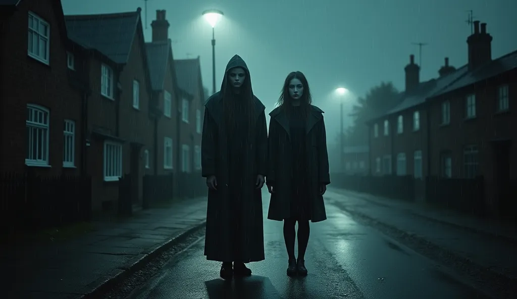 Realistic image of a strange neighbor couple looking straight ahead standing in the middle of the street in an English village cold rainy night of deathly darkness of night and the macabre liquid darkness