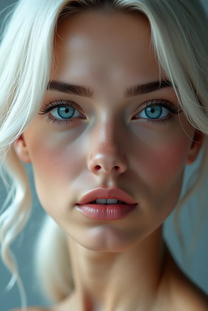 Woman with smooth platinum hair with sexy 's face ultra realistic blue eyes most real human with pores 