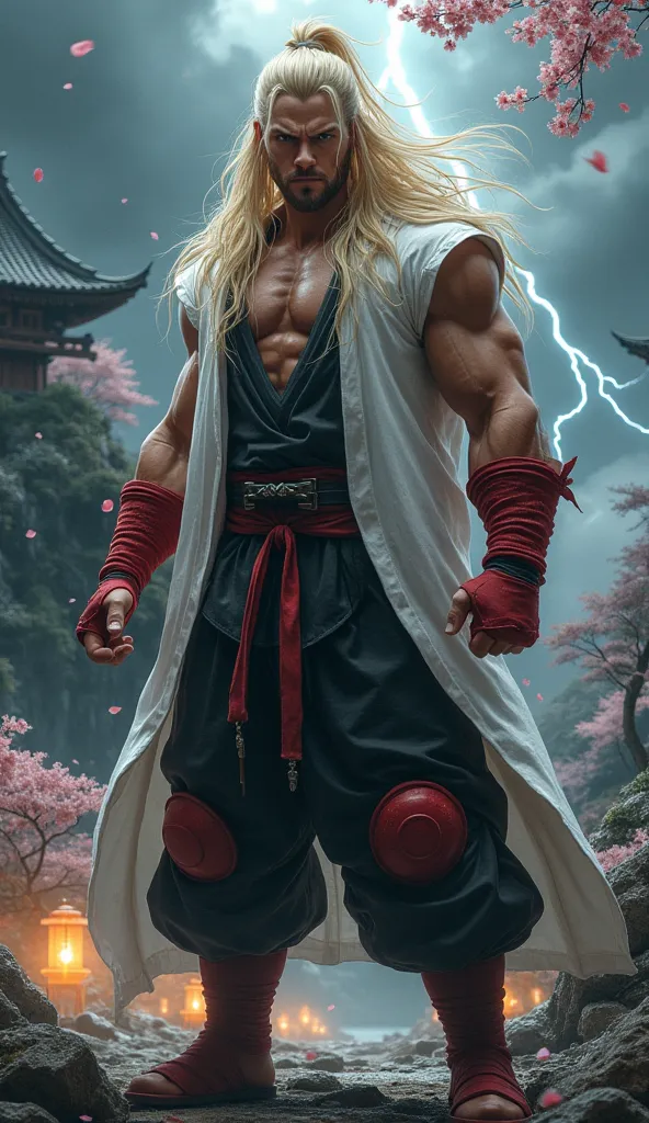 Create a hyper-realistic 8K illustration of a long-haired, blond martial artist wearing a white ninja outfit with a tank top and a long black shirt. He wears red hand wraps and red padded boots. His expression is serious and determined, with an intense gaz...