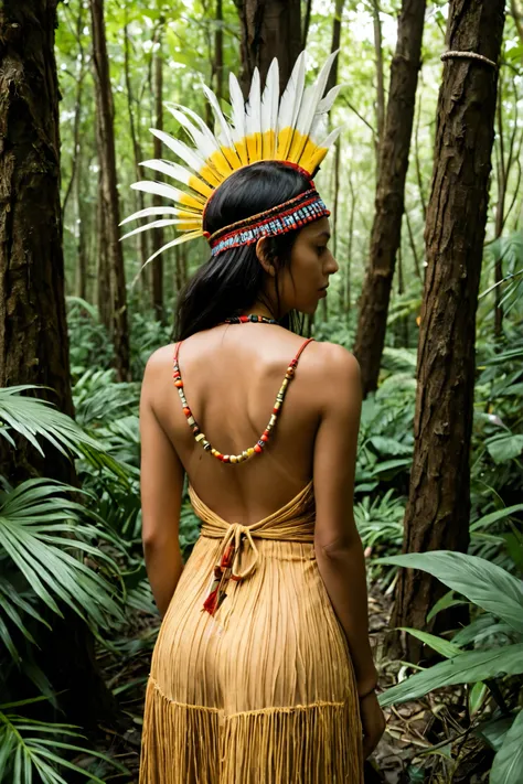 A indigenous girl standing facing forward in a lush tropical forest during daytime. Her skin is fair but slightly sun-kissed, with a soft natural tan. She has delicate facial features, including a fine nose and gentle cheekbones. Her long, straight black ...