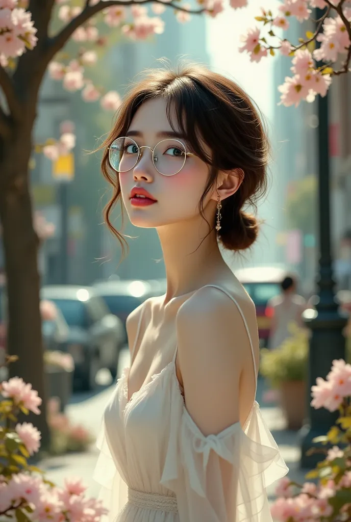 ((Highest quality)), ((傑Highest quality、masterpiece、High sensitivity、High Resolution、detailed description、depicting a delicate face))Slender Woman、glasses、white dress、「Srećan＆8 Mart.」Character、Write big text、Use tree branches、alone in city、