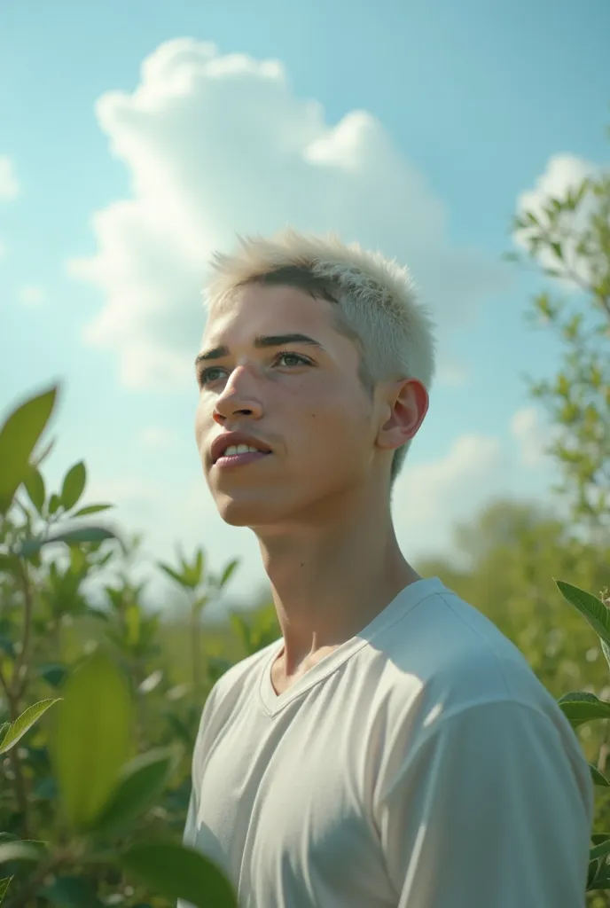 30-year-old man color pale white, short hair, face with delicate features,  serene expression, relaxed posture, standing in a natural setting, soft light illuminating the environment, clear blue sky with white clouds, surrounding green foliage, 8k, portrai...