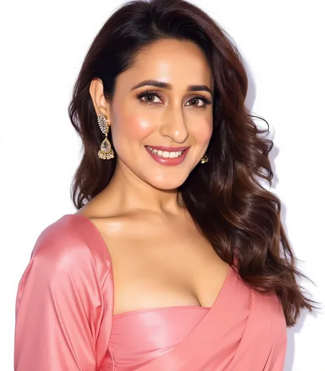 Pragyajaiswal brunette woman, professional portrait photograph, ultra hd, 8k, wearing a traditional pink saree and sleeved blouse, off white background, looking at viewer, highly detailed, realistic skin texture, smiling, bindi