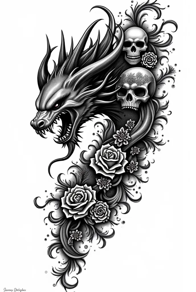 Draw a rough sketch for an old-school style tattoo with many black and white motifs with a white background 