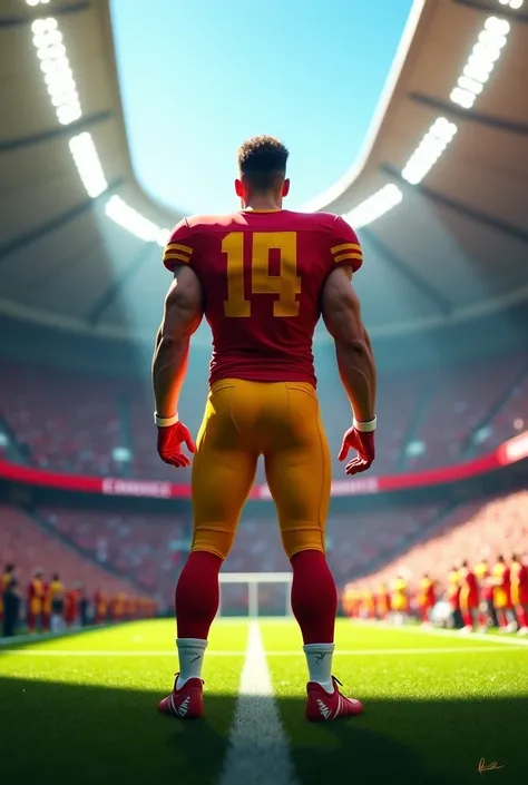 Football player standing looking at the crowd,