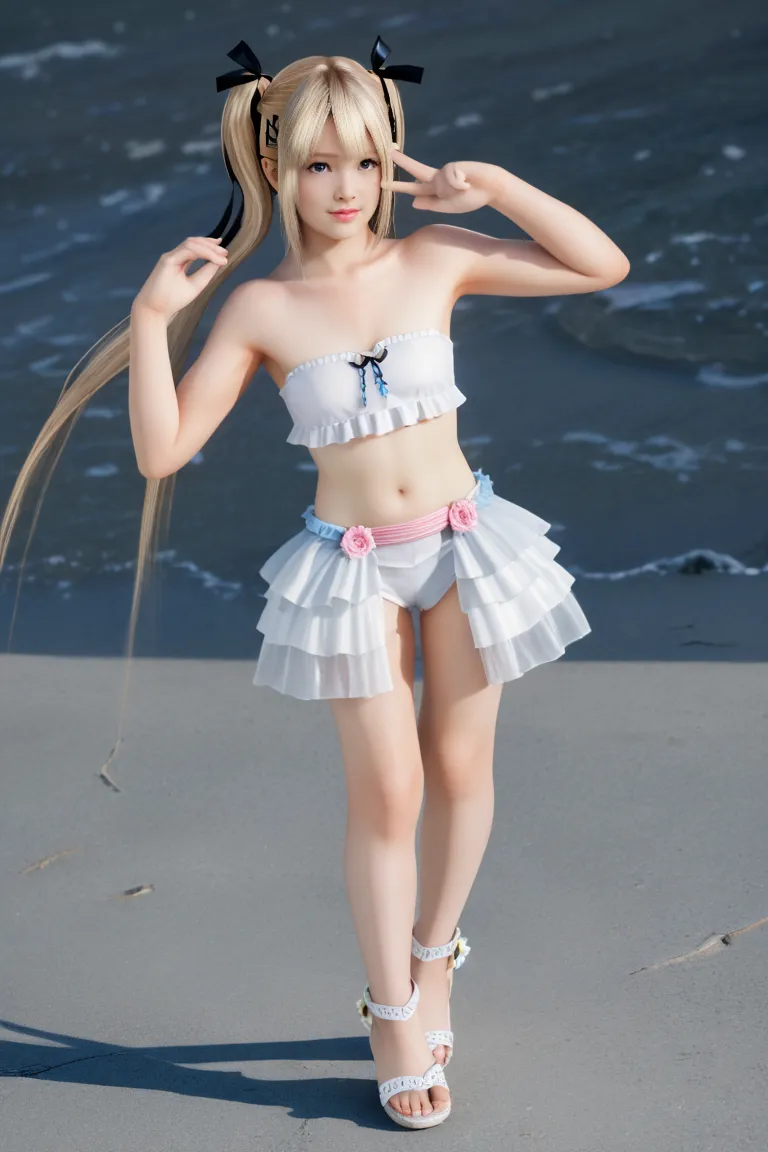 (masterpiece, of the highest quality), Marie Rose, A beautiful woman with striking features, blue eyes, yellow hair with two pigtails, Dead or Alive. wearing a black strapless tank top with an exposed belly, wearing a white miniskirt, wearing white sandals...