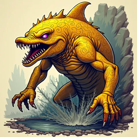 NFT 3D woodcut colored golden dolphin angry full body monster with fangs open mouth Purple eyes,  Teeth stuck, tattooed, simple bottom, brilliance, digital art, Ruined, 