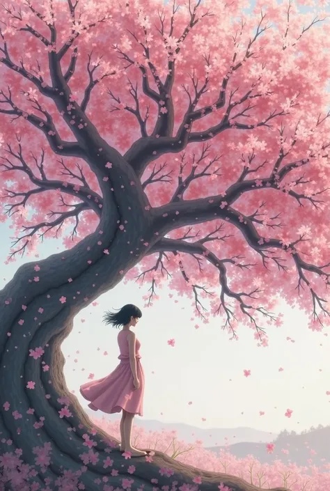 A huge sakura protects the  by covering her with its branches and flowers,  The girl has long hair , and sakura branches lean towards the girl 