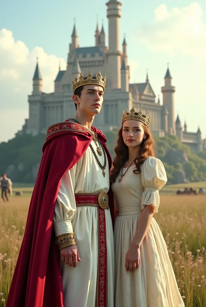 Twenty-year-old medieval king, with a crown and noble white robes, In front of a kingdom like "Far far away from Shrek, with only one castle behind him and under it a vast and immense Kingdom, With so many houses. Is a Great Kingdom. Next to the king is a ...