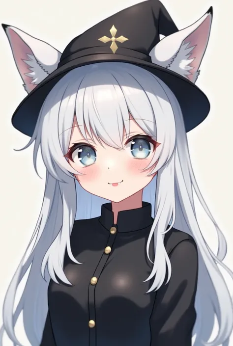 An anime character who wears a black hat with white ears and white hair and a black shirt
