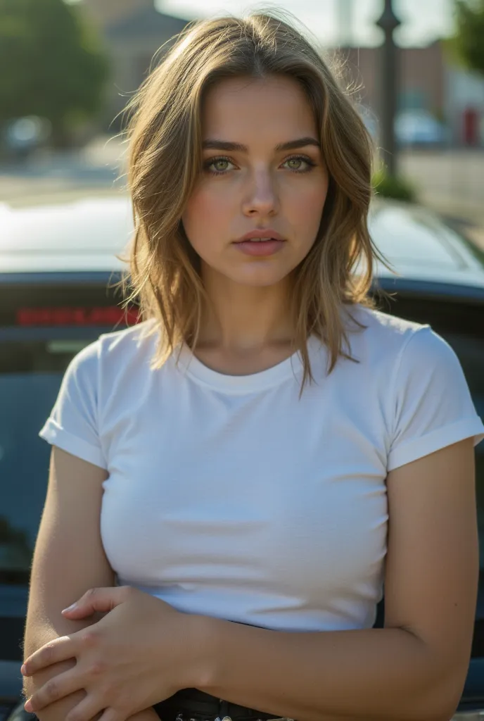 Female detective leaning on car, white t shirt, body armour,sunny,Natalie dormer, Ethereal,Portrait,Closeup, portrait,girl posing,Closeup candid photo,Hailee steinfeld  and Maddison beer ,,Closeup,Young ,Voluptuous,,Youthful , ,Skinny,luxurious,Smokey eyes...