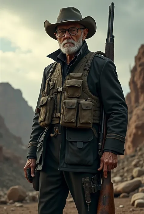 95-year-old man wearing a black military suit with a bullet vest, a shotgun on his back, reading glasses and a cowboy hat
Apocalypse survivor