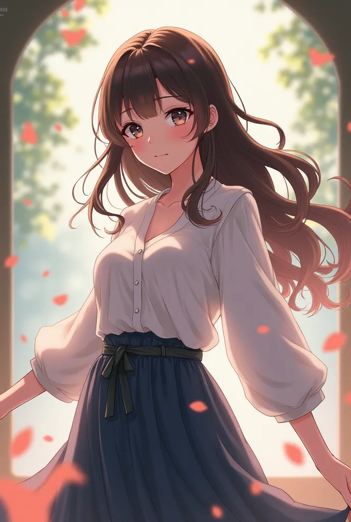 Anime girl with long skirt, long shirt and big breasts