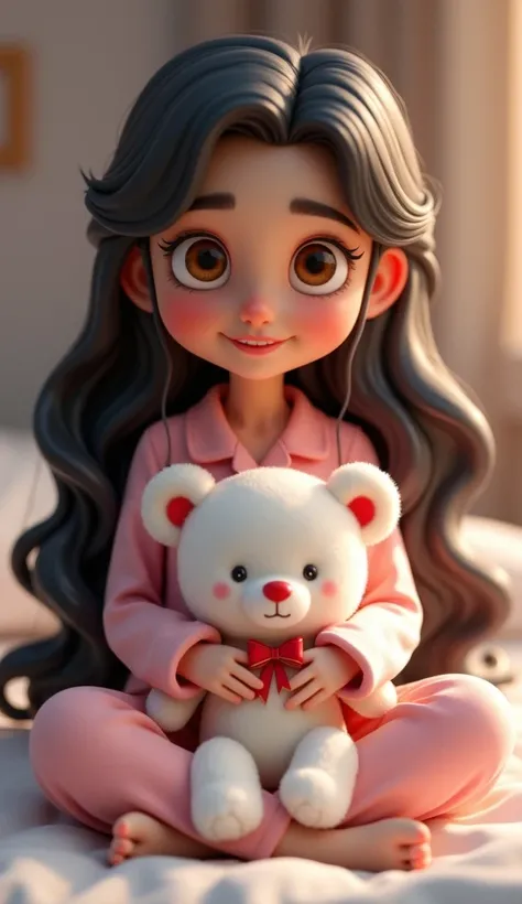 Create a 3D animation of a woman,  honey brown eyes , long wavy black hair, pajamas, hugging a little white bear, red nose and a red ribbon around the neck. sitting on the bed. details to the maximum , ultra quality, 8k, 4K, Maximum definition.