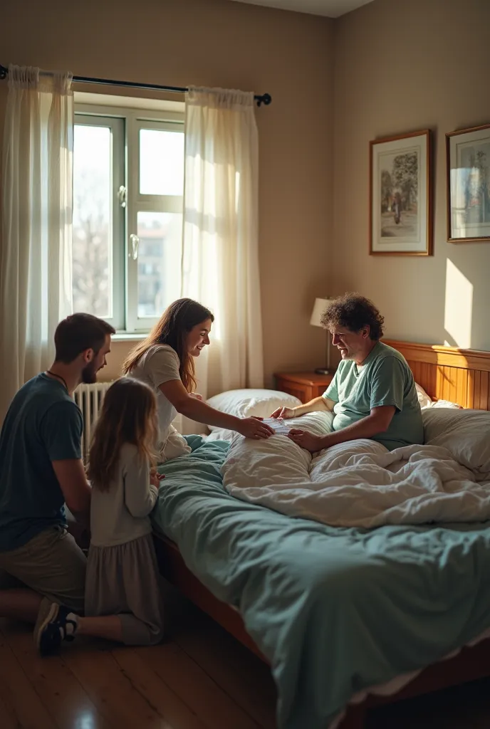 The bed on which a sick 65-year-old man is lying next to his wife's bed, daughter, three sons, eldest son is kneeling beside the bed, жена и daughter плачут, and the wife hands the envelope to her eldest son