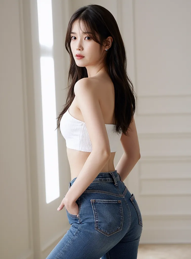 IU side profile picture, s bodyline, wearing a tight pair of jeans, you can see her butt and also a tiny shirt, midriff, she's looking at the camera 