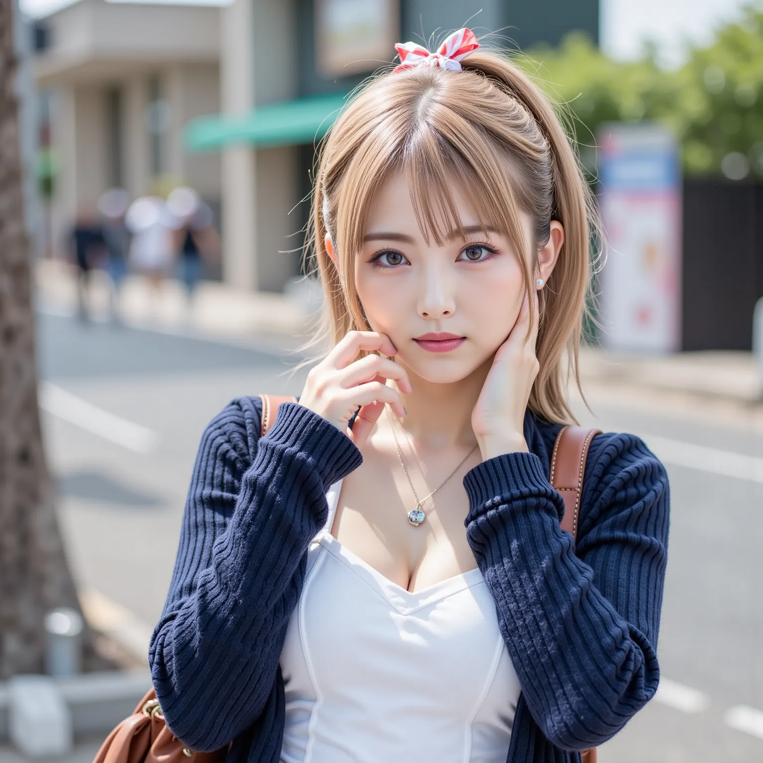 ((8K wallpaper)),((blond hair)),((short ponytail in tunic)),((big breasts,Big Breasts)),((dark eyeshadow pink with dark orange lipstick)),(( beautiful Japanese girl)),((Intelligent Glasses)),((street corner background )),((colorful manicure for nails)),((e...