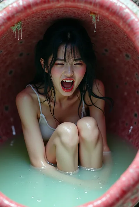 Realistic, pretty dark-haired Japanese girl in white lingerie, shocked screaming, skin full of white mucus, sitting curled up, kneeling up (Kneeling, bending knees) In a round capsule like a dark, wet ball, organic flesh meshes blood vessels, tissue, surro...