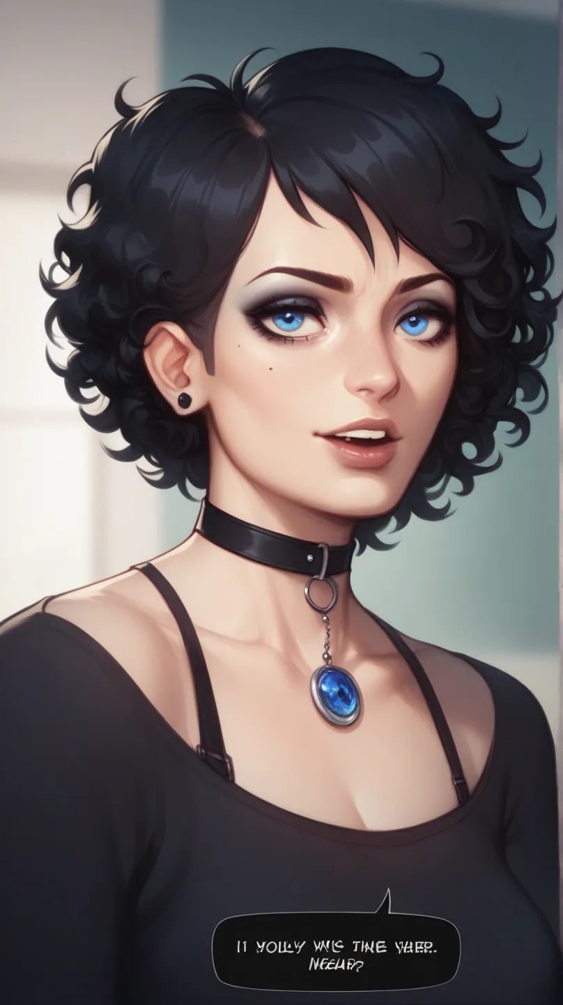 Woman, Gothic, blue eyes, short fluffy Black hair, curly hair, nah id win, nah i'd win (meme), english text, speech bubble, meme, talking, straight-on, portrait,