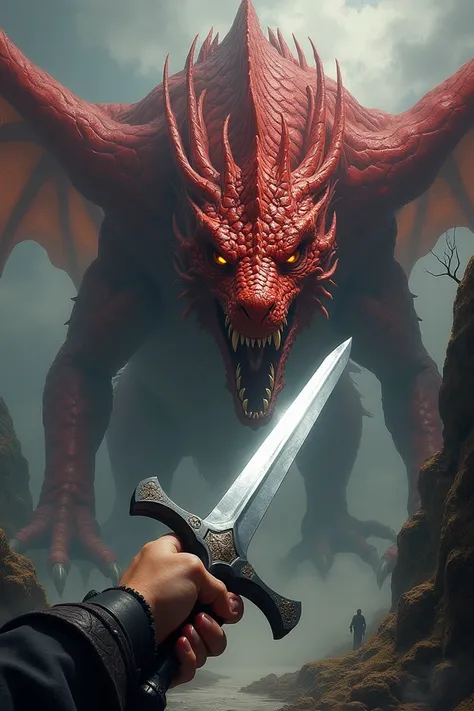 You could create an image viewing the situation from your personal perspective? I want to see how you interpret the scene or concept from a first-person point of view. A large red dragon coming your way, your hand is holding a sword. Dark fantasy setting 
