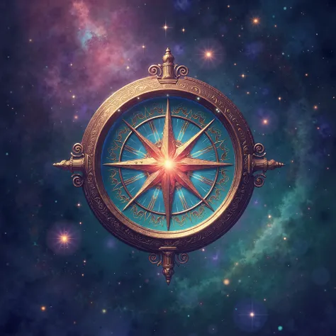 a compass with spiritual elements, clean art, ilustration, 2d, universe, bright lights, purple, blue, green, magical