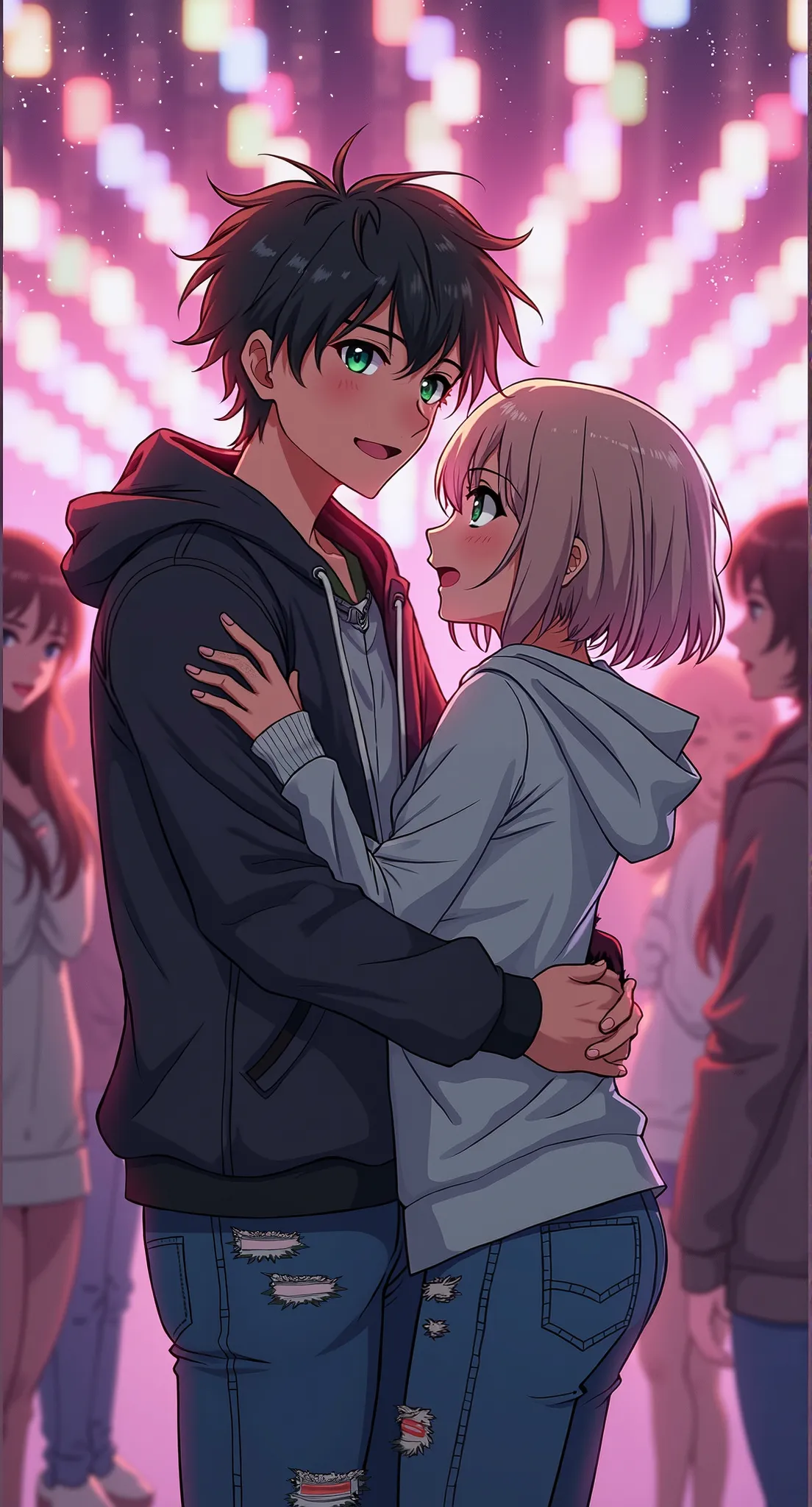 An anime-style illustration featuring a confident young man with green eyes in the center, embracing a tomboyish girl, surrounded only by female characters representing his 100 girlfriends. The tomboy has short, messy hair, a playful smirk, and wears a spo...