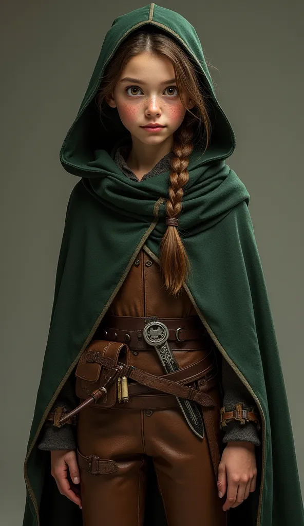 "18-year-old young woman, large expressive eyes, rosy cheeks with light freckles, light brown hair in a loose side braid. She wears a dark green hooded cloak over a fitted leather tunic, paired with sturdy brown trousers and knee-high boots. A belt with po...