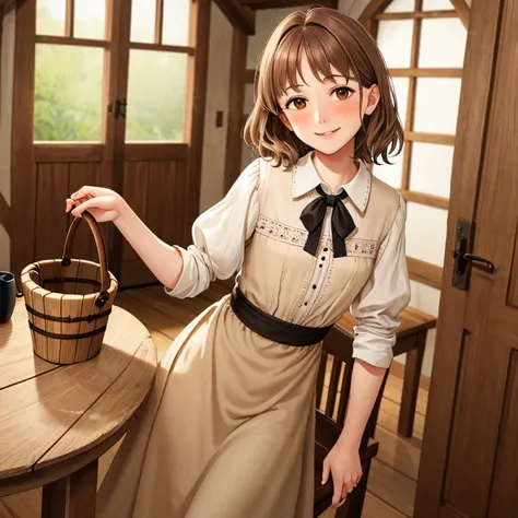 Mirien, a young woman with delicate features, stands and undresses, she takes off her clothes while standing back, in a room, in the middle of a medieval wooden house.

She has beautiful brown eyes and medium-length, straight brown hair with slanted bangs ...