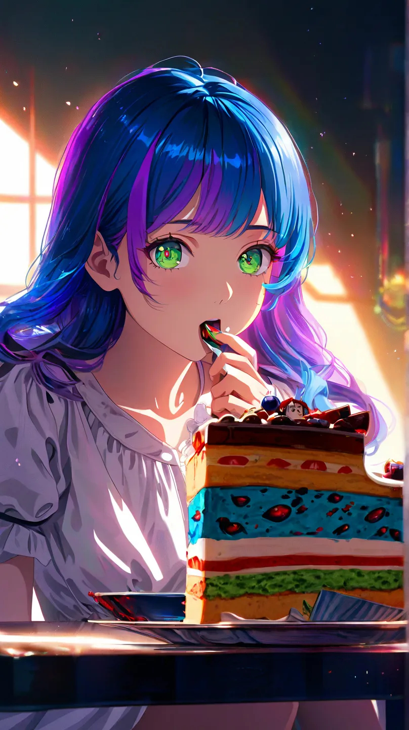 Woman with big eyes green with red in the pupil inside blue hair with purple locks white dress stained with blood eating a cake 