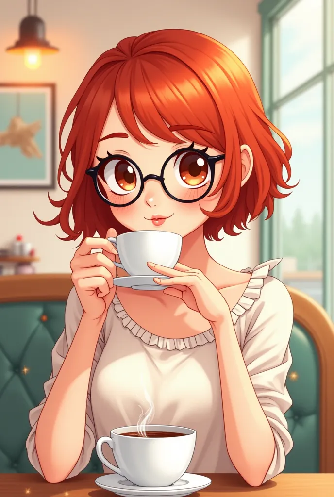 Une imagine de fille au chevaux court est rouge, qui porte des lunette qui sirote un café en version cartoon kawaii 