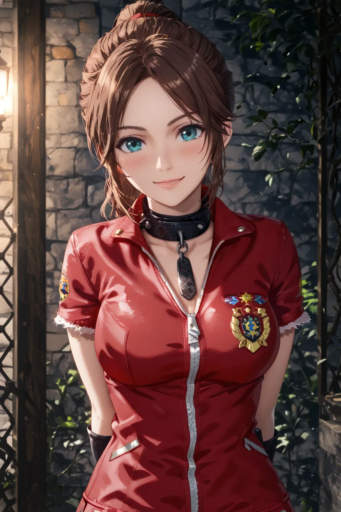 claire redfield,slave collar,hands tied behind her back,smiling