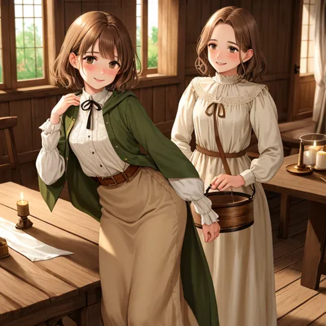 Mirien, a young woman with delicate features, stands and undresses, she takes off her clothes while standing back, in a room, in the middle of a medieval wooden house.

She has beautiful brown eyes and medium-length, straight brown hair with slanted bangs ...