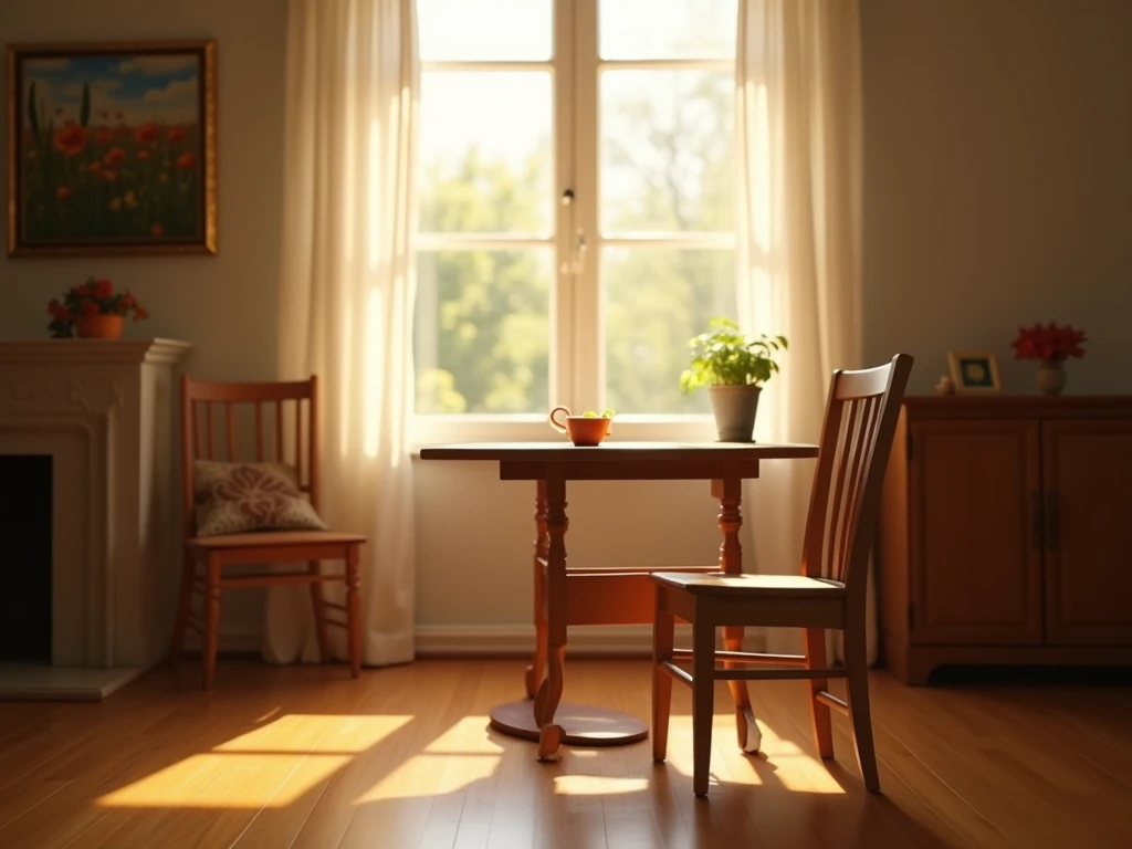 A serene home interior with an empty chair beside a table, symbolizing respect and care for parents. The warm light filling the room conveys the importance of honoring parents in a peaceful and respectful environment