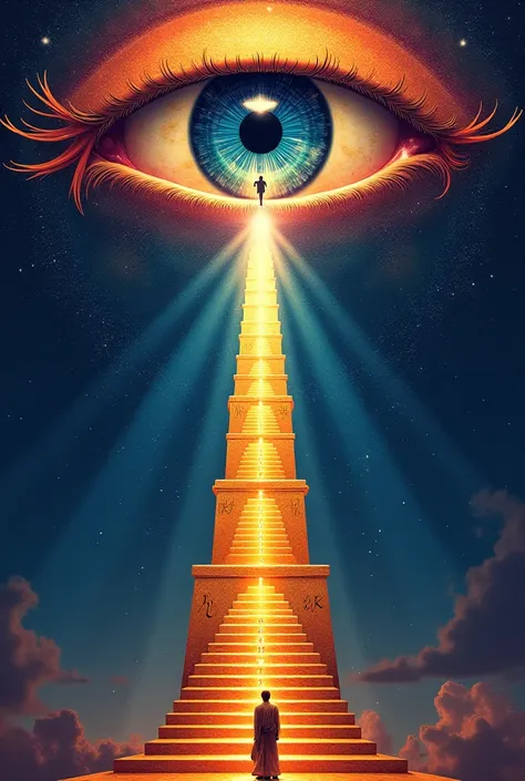 Aesthetic rainbow design A big Egyptian eye overhead, inside the pupil there is a padlock and below there is a light staircase that leads to the pupil and the prophet Elijah climbs this staircase. There are Hebrew letters forming the eye