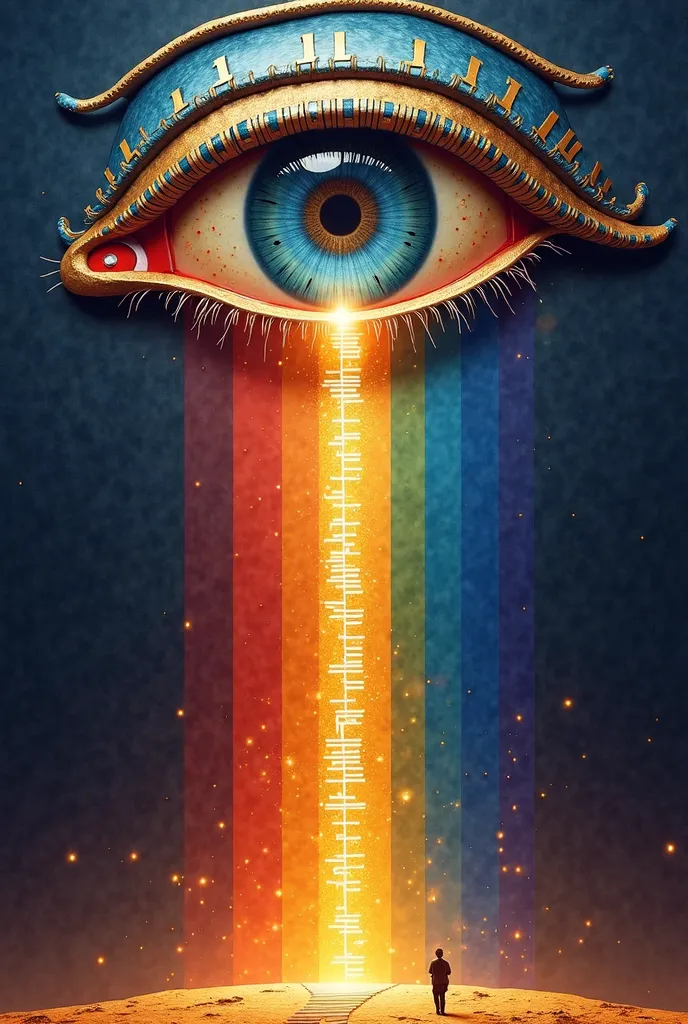 Aesthetic rainbow design A big Egyptian eye overhead, inside the pupil there is a padlock and below there is a light staircase that leads to the pupil and the prophet Elijah climbs this staircase. There are Hebrew letters forming the eye