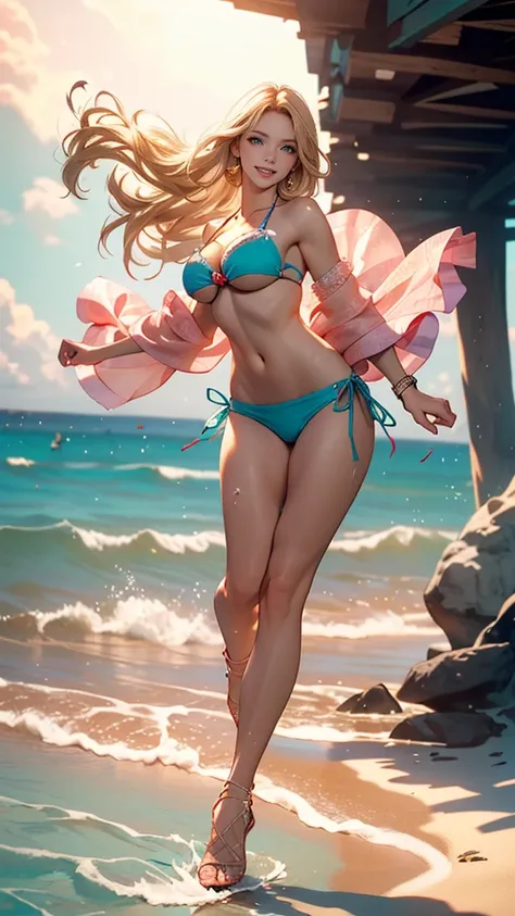 Delicate and beautiful CG art),(dancing, very detailed, high resolution),(dynamic angle, dynamic lighting),(a character),( Long pink and blond hair), blue eyes, pretty face), 1 , ( long cutlets, plantar,  smile,  bikini, 3 days,  ocean, water, people, conc...