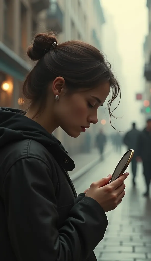 Sofia looks at a small mirror on the blurry street.  