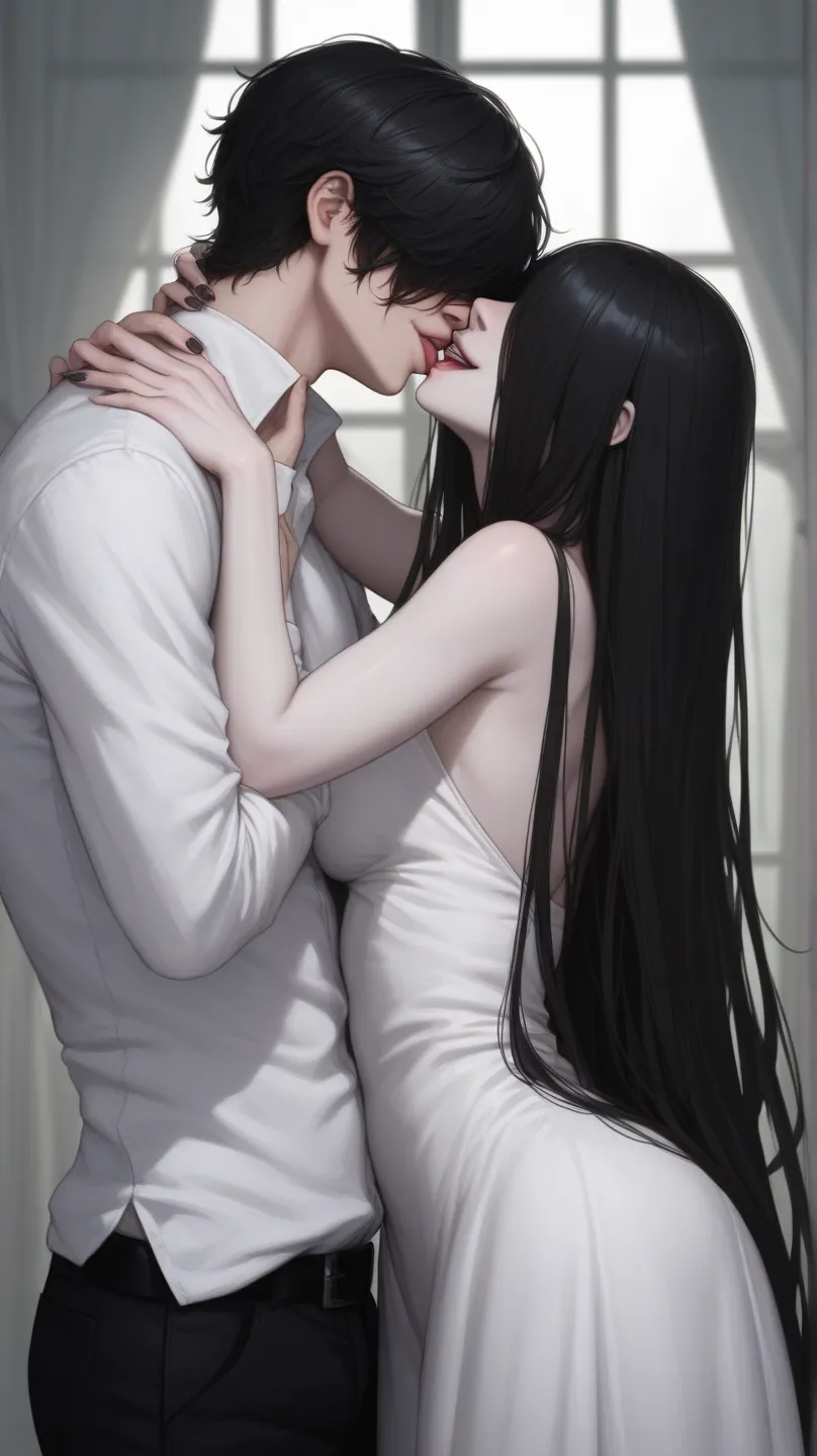 an eerie ghost woman with long hair and a pale skin kissing a man, 1girl, 1boy, kiss, deep kiss, yamamura sadako, hetero, long hair, black hair, solo, hair over eyes, dress, white long dress, very long hair, pale skin, white dress, ghost, smile