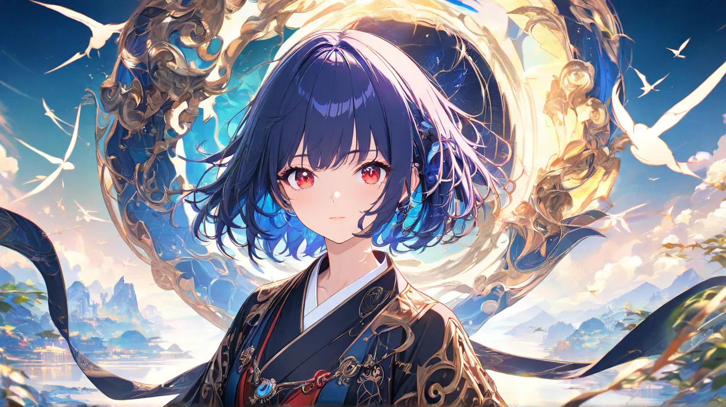 An anime girl s, with dark blue hair, red eyes, a three-leaf wind turbine in the background