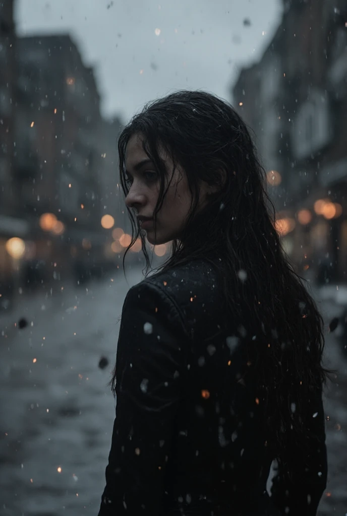 The image shows a melancholy scene Click and Atmospheric with a young woman dressed in black standing in the rain on a tenuous and lonely city street. Her long dark hair is slightly damp, and its expression reflects sadness and nostalgia.  Ash and embers f...