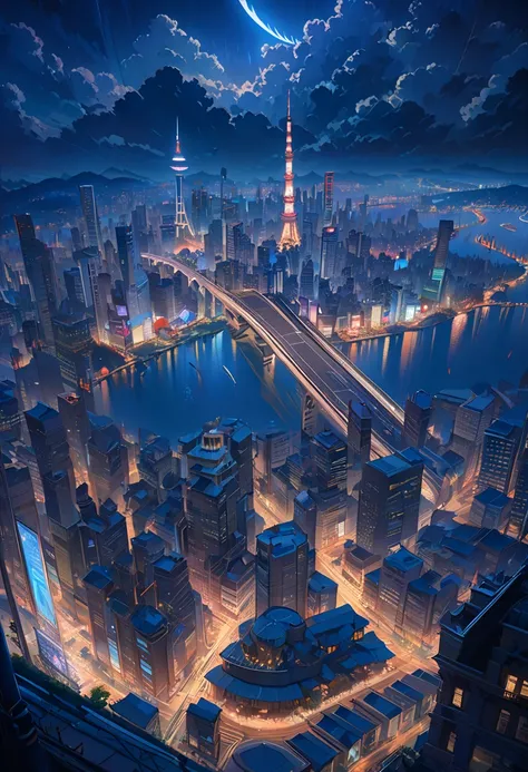  Night view of the city  (bustling night city in the background) ( great work: 1.3), (best quality: 1.1) (masterpiece: 1.3) with unparalleled masterpiece, Surreal 8K, perfect artwork, super details, best quality, masterpiece 4K wallpaper aesthetics, master...