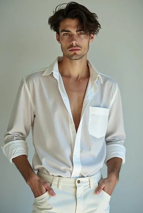  White man, 19 years old,  Dark and well-groomed hair , striking green eyes, thin nose, beautiful lips,  Porcelain Skin . Ele é Young, Delicate,  extremely handsome, beautiful, Young, white skin, ele é Delicate, seductive. He's wearing a white linen shirt ...