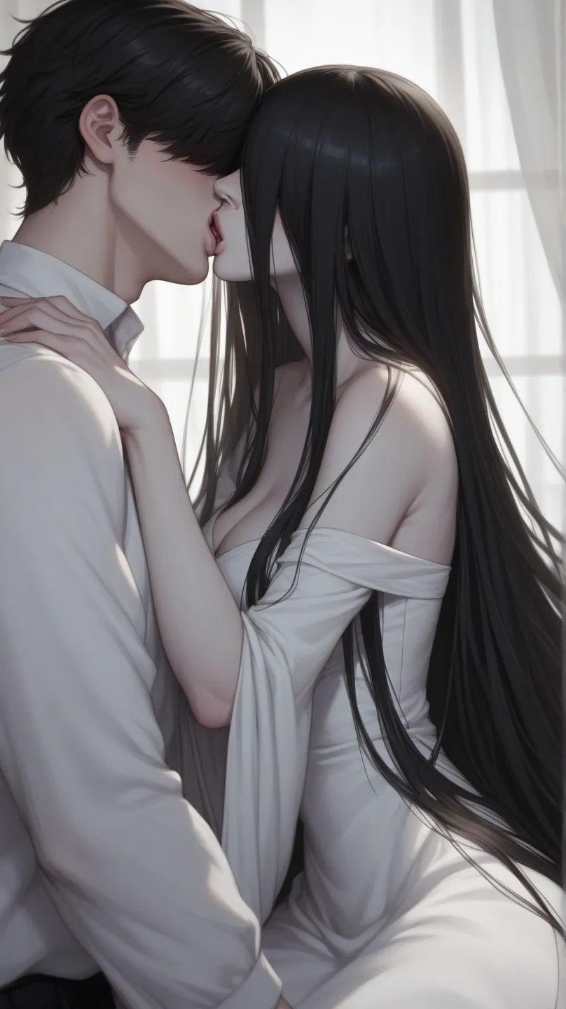 an eerie ghost woman with long hair and a pale skin kissing a man, 1girl, 1boy, kiss, deep kiss, yamamura sadako, hetero, long hair, black hair, solo, hair over eyes, dress, white long dress, very long hair, pale skin, white dress, ghost