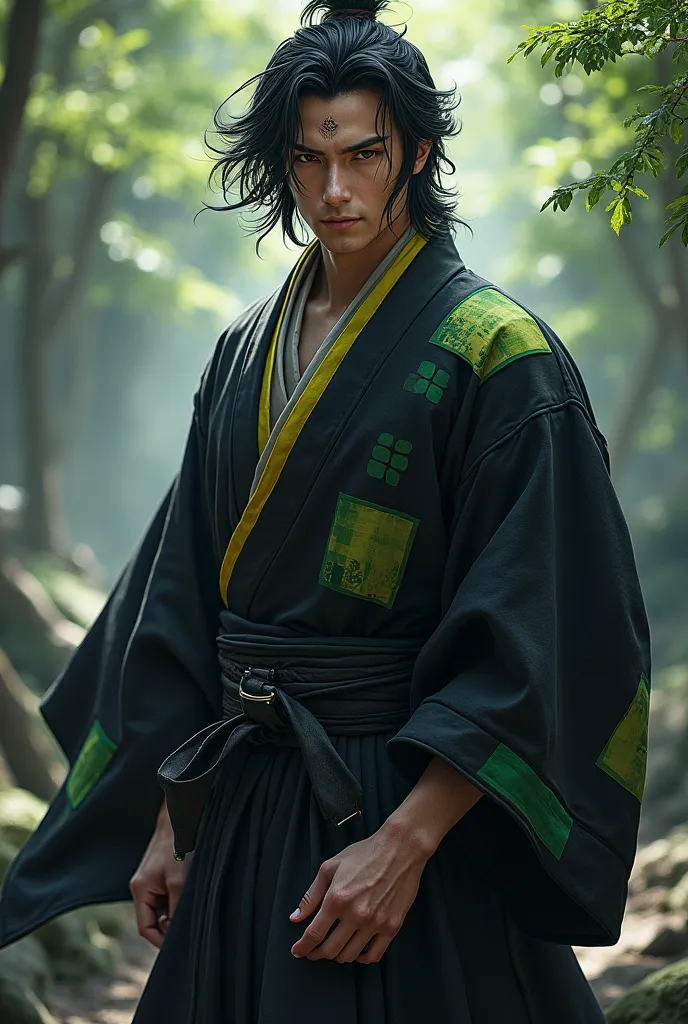 a man of about 27 years old pointed hair on his back, black kimono with green squares with yellow trim a scar on the forehead that and black eyes 