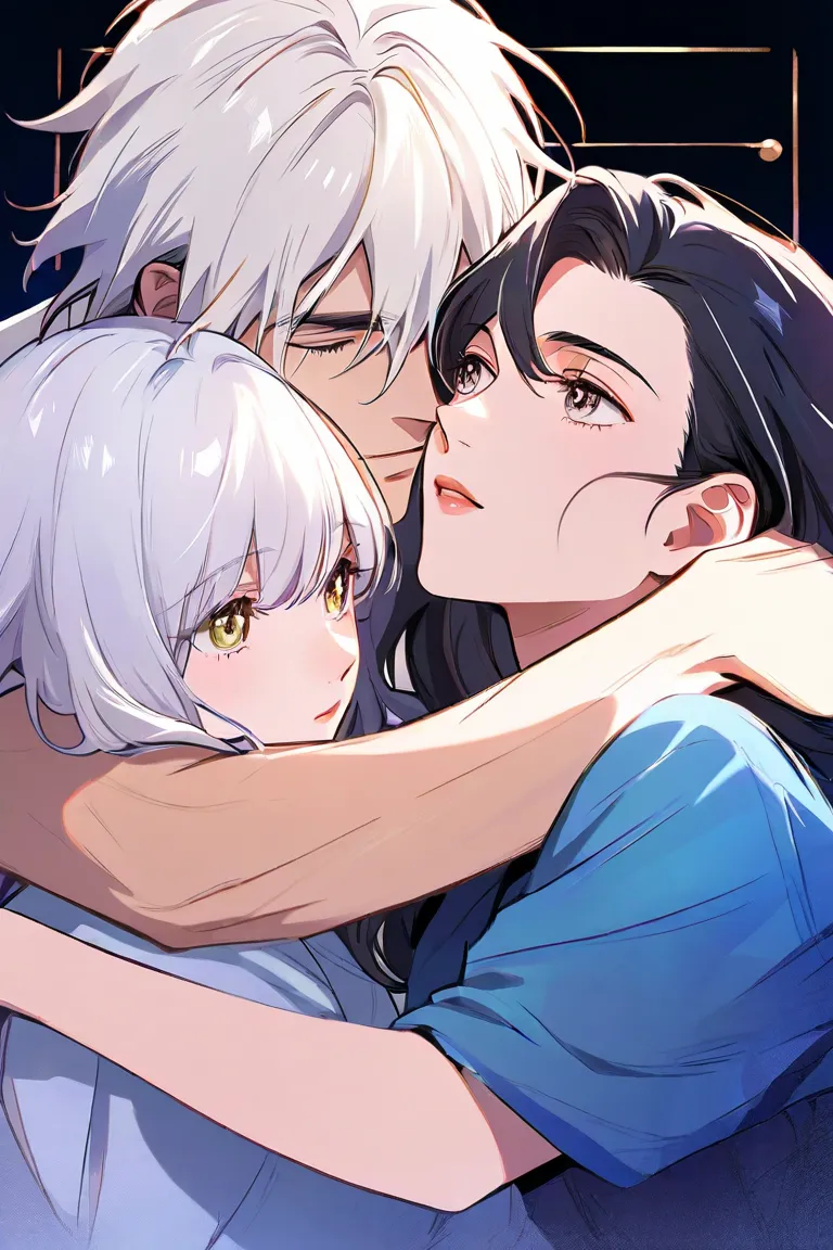 illustration of an embracing couple perfect anatomy romantic hugging characters Howl and Sophie half-bodied man in a white shirt shoulder length black hair girl in a blue dress short white hair to the shoulders, The lines that outline the eyes are clean an...