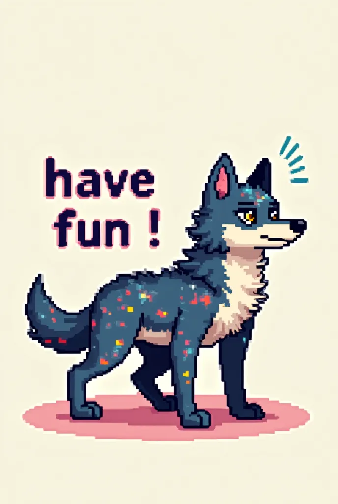 Wolf pixel art with text that says Have fun 