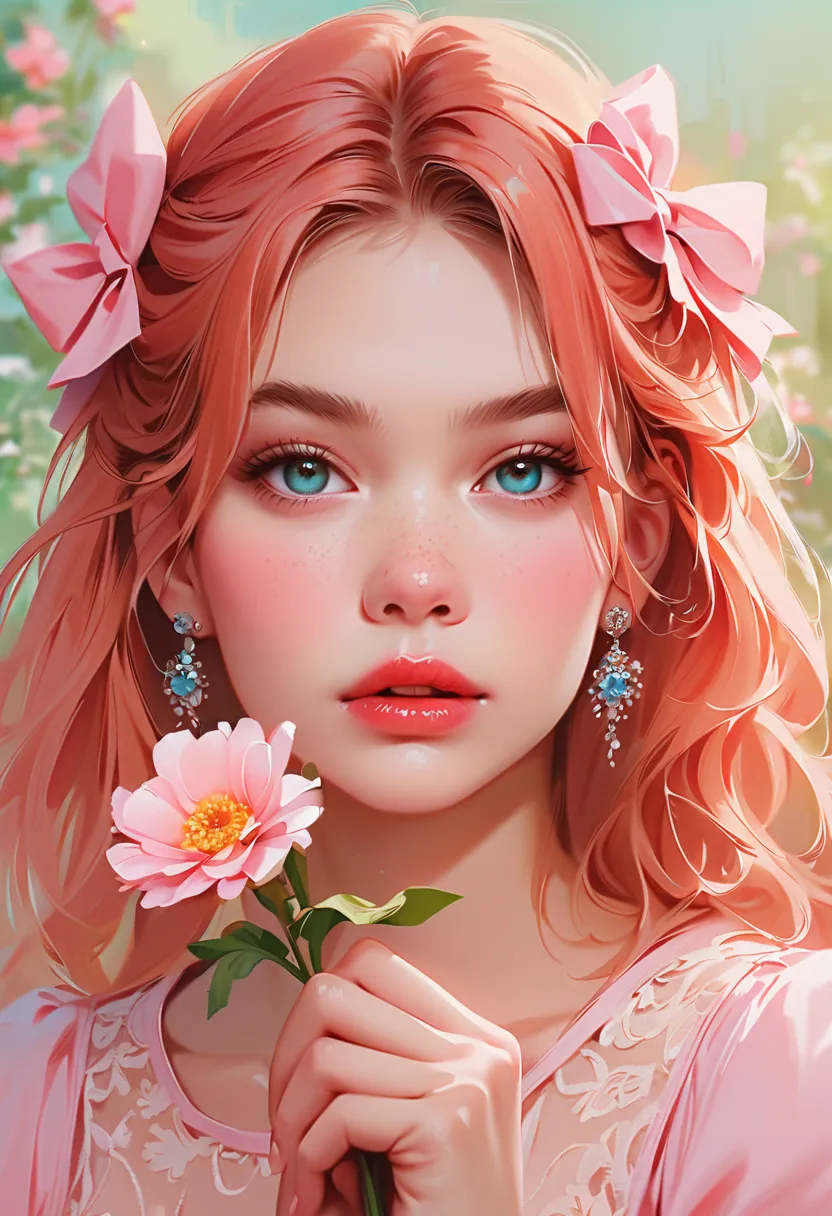 1girl, solo, flower, holding_flower, jewelry, looking_at_viewer, earrings, red_hair, hair_bow, blue_eyes, realistic, holding, bow, red_lips, pink_bow, blurry_background, blurry, puffy_sleeves, pink_dress, pink_flower
