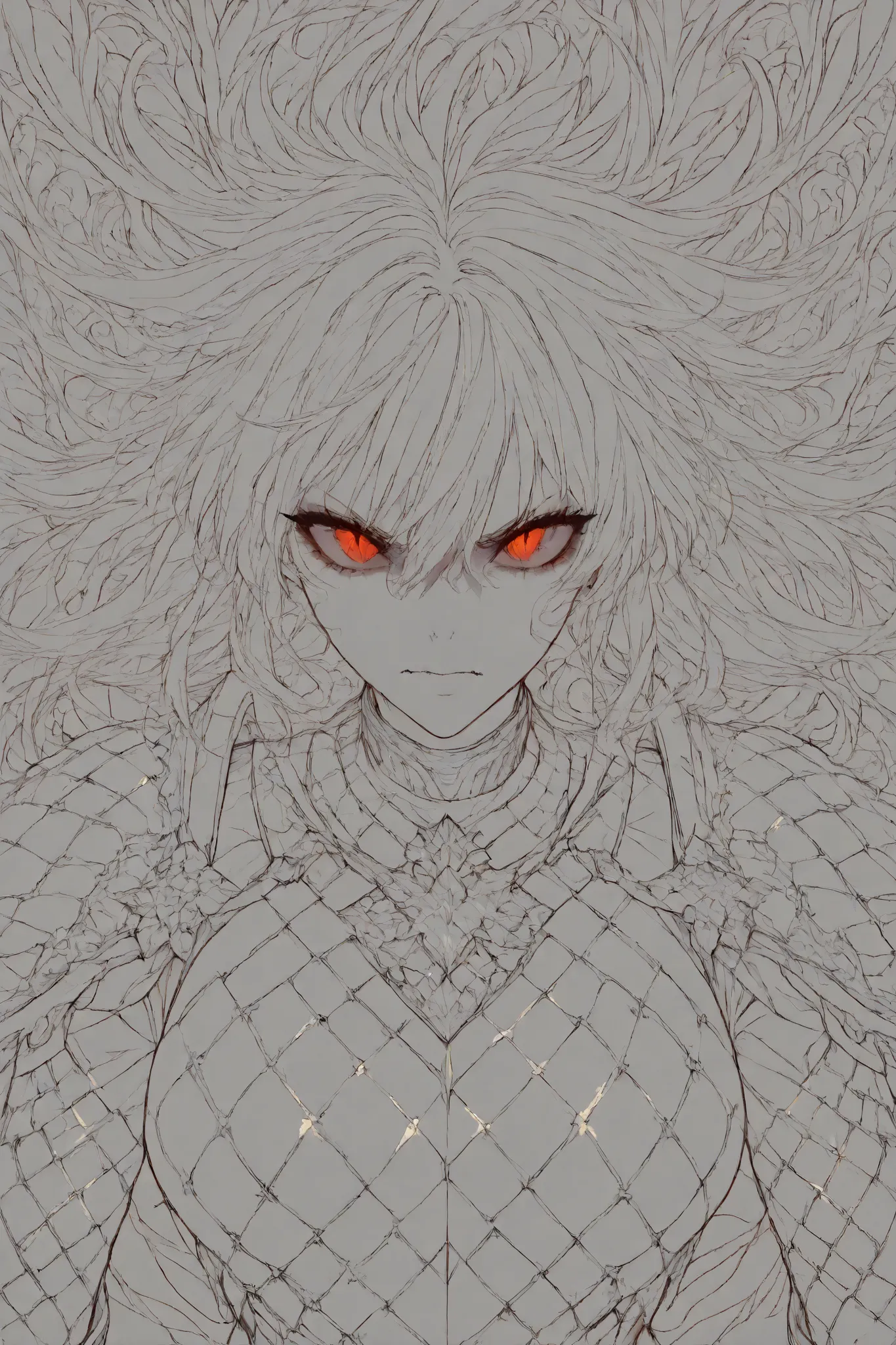 line art style,(masterpiece, best quality:1.2),(line art:1.5),form side,A beautiful witch who handles flame of sword,a beautiful witch woman\(long white hair,sharp eyes,red eyes,silver metallic snake scale armor\),simple background,[[dark horror essence]],...